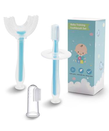 3 in 1 Baby Training Toothbrush Set - Infant to Toddler Toothbrush Oral Care Silicone Toothbrush for Baby - Food Grade Silicone,Extra Soft Bristles,Perfect for 0-24 Months(3-Pack,Blue) 3 Pack-blue