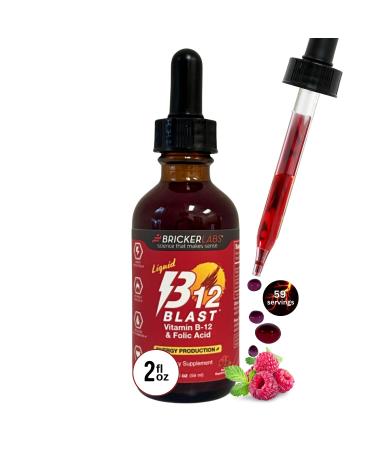 Bricker Labs B-12 Blast Liquid Vitamin B12 and Folic Acid Supplement Support Energy Production Great Tasting Liquid Vitamin B12 Dietary Supplement in Natural Raspberry Flavor 2 fl oz Bottle