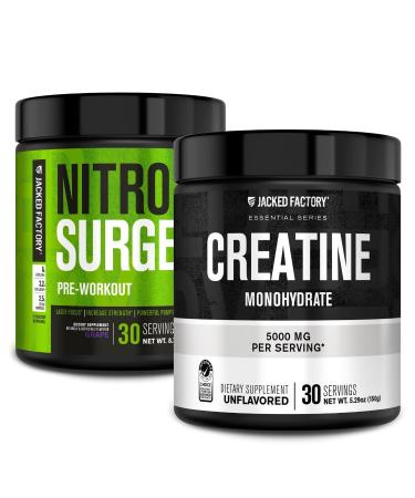 Jacked Factory NITROSURGE Pre Workout Supplement (Grape 30 Servings) & Creatine Monohydrate Powder (Unflavored 30 Servings)