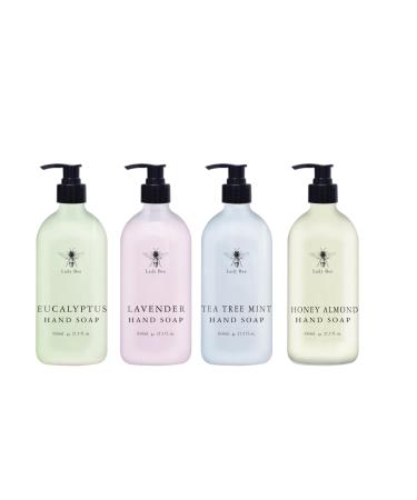 Home & Body Company Lady Bee Hand Soap Set 4 Pack with Eucalyptus Lavender Tea Tree Mint Honey Almond Scents 21.5 fl oz Each with Pump Dispenser