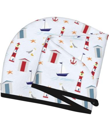 Quick-Dry Hair Towel Wrap with Button | Nautical Lighthouse Sailboat Design | Best Hair Drying Towel Turban for Speedy Hair Care - Buy Online on GoSupps.com