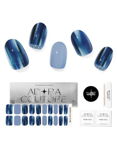 Adora Couture Semi Cured Gel Nail Strips | Blue Glossy with Glitter & Reverse French Nails | Full Sticker Nail Wraps for Women | Stick On Salon Nails at Home Kit - UV Required (England Royal) 1england Royal