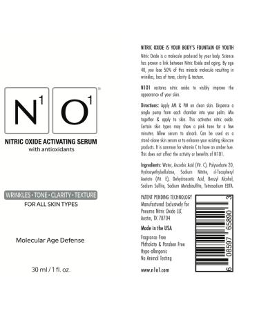 N1O1 Nitric Oxide Activating Serum | Antioxidant-Rich Hydrating Face Serum | Decreases Wrinkles, Minimizes Pores, Improves Skin Texture | 1 Fl Oz - Buy Online on GoSupps.com