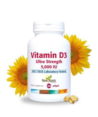 NEW ROOTS HERBAL Vitamin D3 Supplement 5000 IU with Vitamin E | Ultra Strength Vitamin D extracted from Sun Flower (180 Softgels) Non-GMO Effective Immune Support GMP Certified