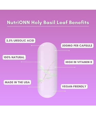 NutriONN Holy Basil Leaf Capsules 500mg - 120 Vegan Capsules - Tulsi Extract Supplement with Ursolic Acid - Adaptogenic Ayurvedic Herb for Positive Mindset - Buy Online on GoSupps.com