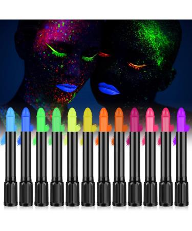 AOOWU Glow UV Neon Glow Face Paint Crayons Kit 12 Colors Safe Non-Toxic UV Glow Neon Face and Body Crayons for Adults Kids Halloween Makeup Party Cosplay - Fluorescent Brightest Glow under UV!