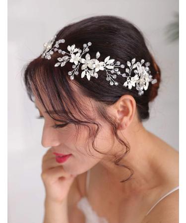 Deniferymakeup Silver Hair Piece Flower Hair Vine Bridal Floral Hair Piece Flower and Leaf Headband Rhinestones Wedding Hair Accessories for Brides