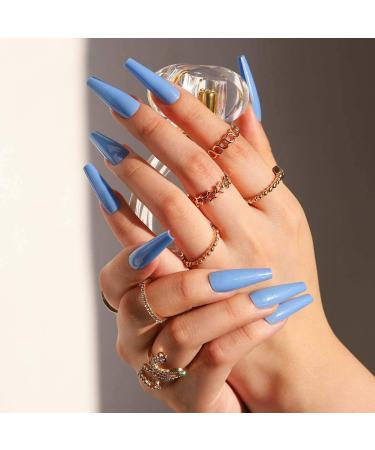 Sethain shiny ballerina false nails blue pure fake nail long complete cover coffin press on nails for women and girls (blue)