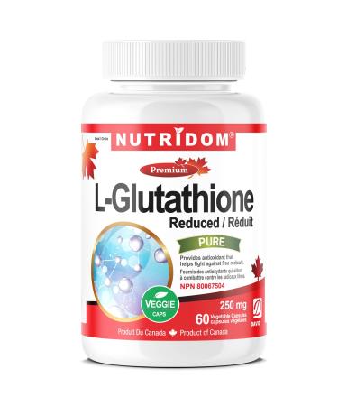 Nutridom L-Glutathione 250mg Reduced Glutathione Supplement for Antioxidant Support Non-GMO Vegan Gluten-Free Soy-Free Dairy-Free No Additives & Fillers (60 Veggie Capsules)