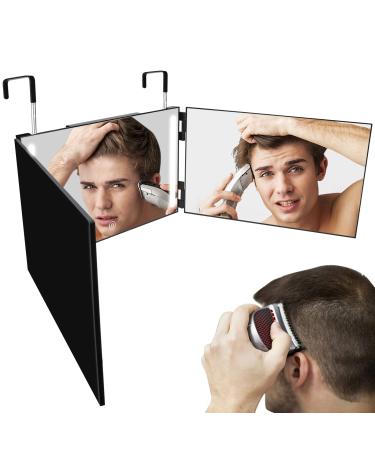 UHdod 3 Way Mirror with LED Lights for Self Hair Cutting 360 Barber Mirror Trifold Mirror Portable Mirrors  Light and Height Adjustable 3 way led light