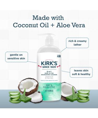 Kirk's 3-in-1 Head to Toe Nourishing Liquid Cleanser - for Men Women & Children - Premium Coconut Oil & Aloe Vera - Non GMO & Vegan - Mint and Eucalyptus - 32 Fl Oz. 2 pack Mint & Eucalyptus 32 Fl Oz (Pack of 2) - Buy Online on GoSupps.com