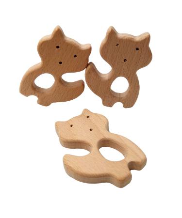 Arakierst 10pcs Organic Wood Fox Teether Pure Natural Animal Shape Beech Wooden Handmade Grasping Pattern DIY Pacifier Chain Pendant