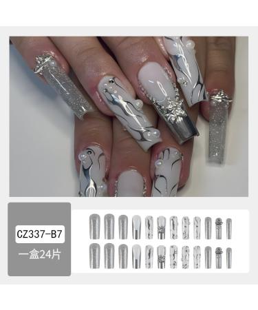 French Tip Press on Nails - Long Press On Nails with Nail Tips Silver Flame French Nail Pearl Star pattern design press on nails Acrylic False Nails Cute Artificial Nails - Buy Online on GoSupps.com