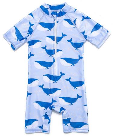 BONVERANO Baby Boys Swimsuit Toddler Bathing Suit Short-Sleeve Zipper One Piece Swimwear with UPF 50+ Sun Protection 12-18 Months Blue Whale