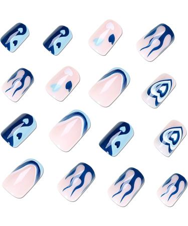 24Pcs Short Square Blue Heart Flame Glossy Press on Nails - Reusable False Nails for Women and Girls - Buy Online on GoSupps.com