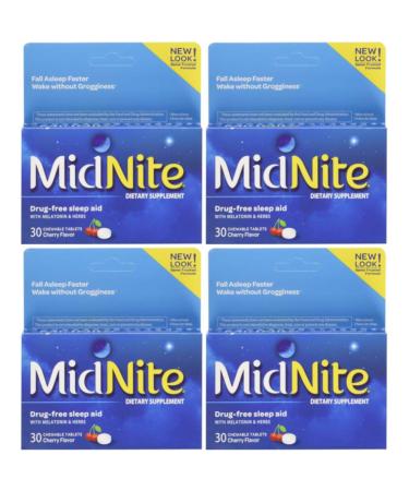 MidNite Sleep Aid For Occasional Sleeplessness, 30 Chewable Cherry Tablets Each (Value Pack of 4) 4 Count (Pack of 1)