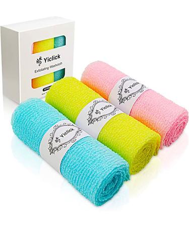 Yiclick Exfoliating Washcloth Towel 3 Pack Japanese Exfoliating Bath Wash Cloth for Body Exfoliation Korean Back Scrubber Washer for Shower African Net Sponge Brush Loofah Exfoliator (3 Colors)