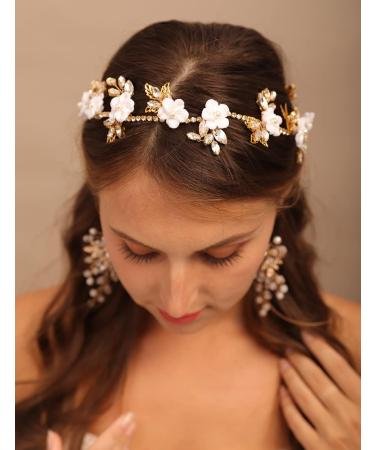 Chargances Bridal White Flower Hair Vine Wedding Leaf Crystal Headband Dainty Pearl Statement Handmade Hair Accessories for Women and Girls Brides (Gold) - Buy Online on GoSupps.com