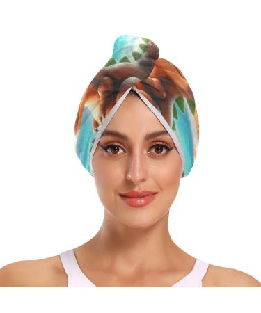 A Cute Dinosaur Vacationing on The Beach Hair Towel 2 Pack Super Absorbent Hair Drying Towel Quick Dry Hair Turbans Head Towel with Button Twisty Wrap for Women Girls
