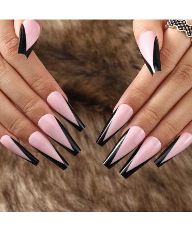 Outyua Black French Press On Nails - Extra Long Coffin Ballerina Acrylic Nails, 24 Pcs Full Cover for Women & Girls - Buy Online on GoSupps.com