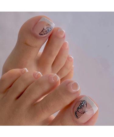 24pcs Detachable Auspicious Cloud Gold Line Blue White Line Wearable Fake Nails Foot Nail Patches Removable for Reuse Toenail LT-70037