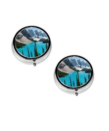 (Rocky Mountains) Round Pill Box 3 Compartment Pill Box Mini Decorative Pocket Purse Portable Travel Medicine Tablet Vitamin Holder Organizer Pill Case