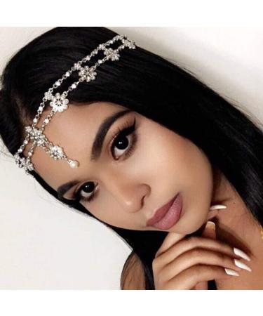 Unsutuo Hair Jewelry Head Chain Wedding Bohemian Floral Headband Elastic for Women and Girls  (Silver)