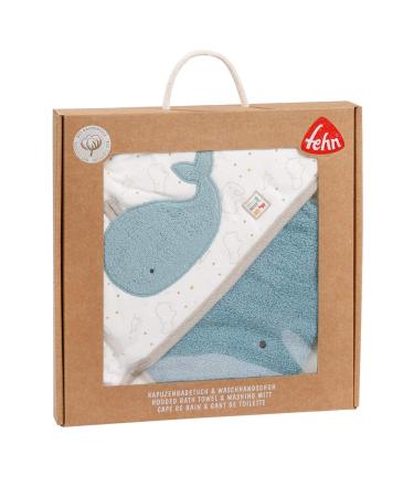 Fehn Baby Whale Bath Towel & Washing Glove Set - Organic Cotton Hooded Towel for Babies & Toddlers 0+ Months - Cute Whale Design Poncho - Buy Online on GoSupps.com