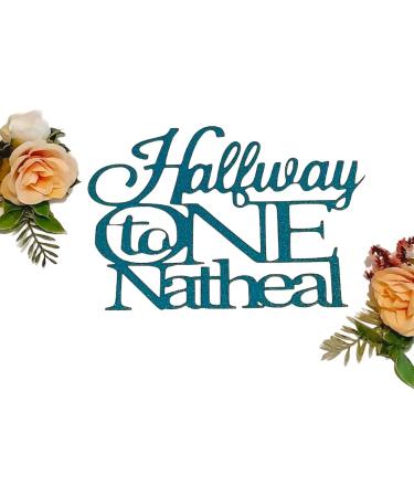 Halfway to One Cake Topper Custom Name | 6 Months Half Birthday Double Sided Glitter Card Toppers (STYLE 1 BABY BLUE)