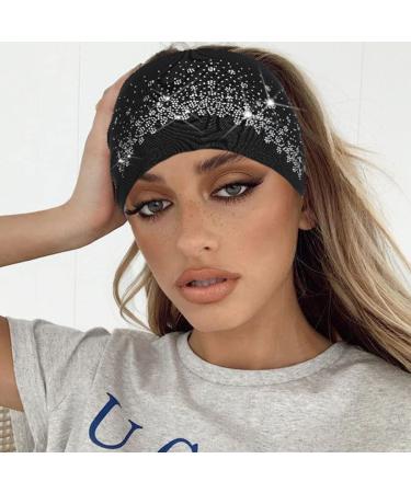 Gortin Crystal Wide Headbands Black Rhinestones Head Wraps Boho Hair Bands Stretch Turban Headband Knotted Glitter Head Pieces Jewelry Night Club Party Hair Accesssory for Women and Girls Pack of 1 (Type C)