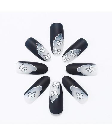 Brishow Black Long Almond Press On Nails - 24 Piece Set with Butterfly Design for Women & Girls | International Shipping Available - Buy Online on GoSupps.com
