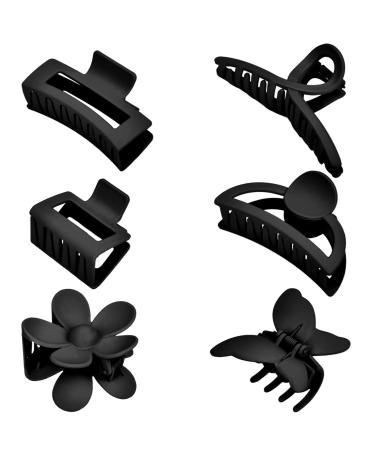 Black Hair Clips 6 Pack Black Claw Clips for Thin Thick Hair 1.85-4.5 Inch Matte Non Slip Jaw Clips Flower Banana Butterfly Claw Clips Hair Accessories for Women and Girls