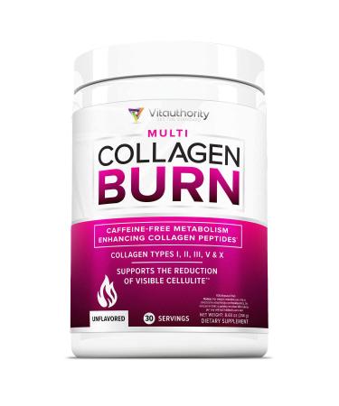 Multi Collagen Burn: Multi-Type Hydrolyzed Collagen Protein Peptides with Hyaluronic Acid, Vitamin C, SOD B Dimpless, Types I, II, III, V and X Collagen, Caffeine-Free (Non Flavored) Non-Flavored