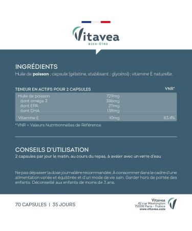 Vitavea Bien- tre - Om ga 3 - Huile de Poissons Sauvages Qualit Premium - Source d'EPA et DHA et Vitamine E - Bien- tre cardiovasculaire - 70 Capsules - 35 jours de cure - Fabriqu en France Nouveau - Om ga 3 - Buy Online on GoSupps.com