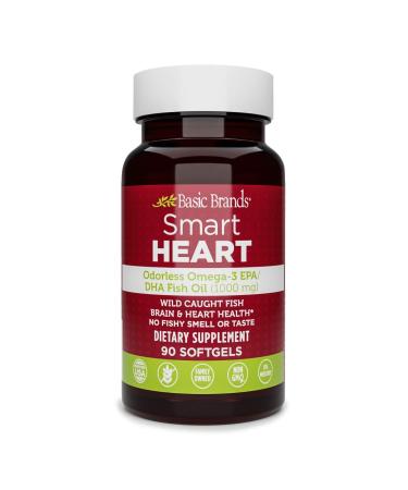 Basic Brands Smart Heart Odorless Omega-3 Fish Oil, Burp-Less, No Fishy Smell, 1000 mg, 90 Count