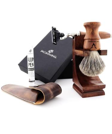 JAG Sustainable Shaving Razor Set - 4-Part Wood Razor Kit with Hair Brush Blades Stand & Leather Bag - Perfect for Eco-Friendly Grooming - Buy Online on GoSupps.com