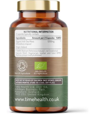 Organic Irish Sea Moss Capsules - 120 Count - Wild Harvested from Irish Waters - Source of 92 Essential Nutrients including Iodine - Dr. Sebi Approved - UK Made - GMP Certified - Zero Additives - Buy Online on GoSupps.com