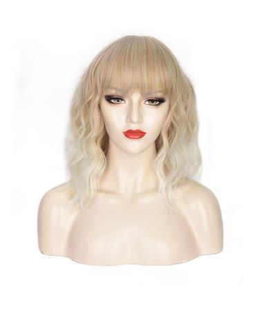 Natural-Looking Ombre Blonde Wavy Bob Wig with Bangs - Heat Resistant Synthetic Wig for Women - Buy Online on GoSupps.com