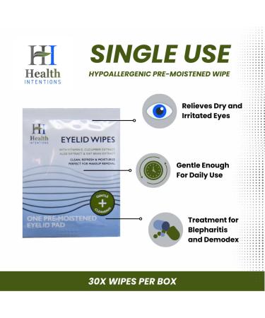 Health Intentions Eyelid Wipes for Blepharitis, Demodex, Red Eyes, Stye, Itchy Eyes - Exfoliating, Hypoallergenic Pre-Moistened Eye Cleanser Pads - Buy Online on GoSupps.com