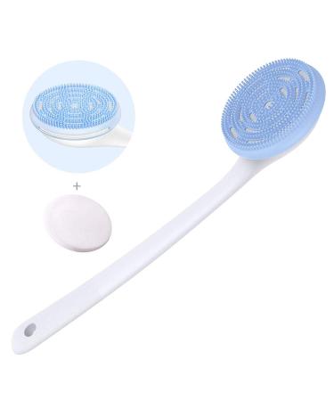 SisDruo Silicone Bath Body Brush  Back Scrubber with Long Handle for Shower  BPA-Free  Non-Slip  Built-in sponge (Blue)