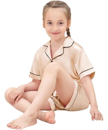 SWOMOG Kids Satin Pyjamas Set - 6-7 Years Champagne | Button-Down Silk Nightwear 2 Piece Lounge Set - Buy Online on GoSupps.com