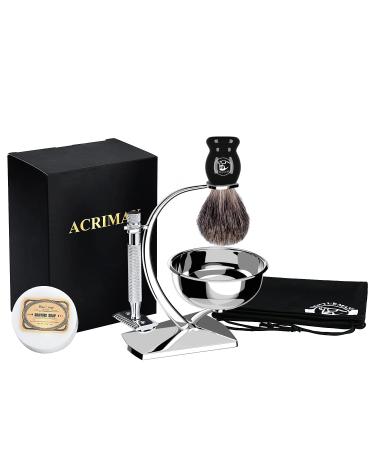 ACRIMAX Deluxe Shaving Kit for Men Chrome Razor and Brush Stand with Bowl & 10 blades Badger Hair Brush Milk Shaving Soap Travel Bag, Gifts for Father Husband Men with a Gift Box 6 Pack Shaving Kit