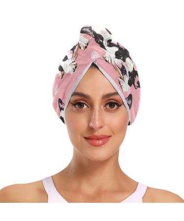 Bulldog Pink Hair Towel 2 Pack Super Absorbent Hair Drying Towel Quick Dry Hair Turbans Head Towel with Button Twisty Wrap for Women Girls