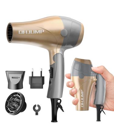 OHJUMP Mini Travel Hair Dryer Blow Dryer with Diffuser Portable Small Dual Voltage Compact Hairdryer EU Plug 1875W Powerful Fast Dry Folding Handle Diffuser Hair Dryer( Rose Gold)