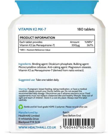 Health4All Vitamin K2 MK7 200mcg 180 Tablets - Vegan Natural K2 from Natto Beans Fermentation - High Strength K2MK7 Supplements - 180 Count Pack - Buy Online on GoSupps.com