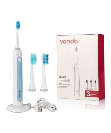 VONDA Sonic USB Rechargeable Electric Toothbrush and Holder with Multiple Brushing Modes and 3 Replacement Heads Blue