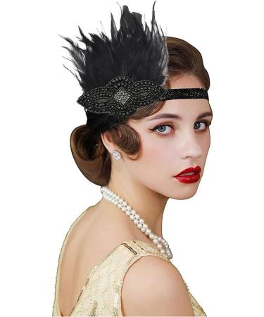 FGSS 1920s Flapper Headpiece Headband - Roaring 20s Feather Great Gatsby Hair Accessories, Black - Buy Online on GoSupps.com