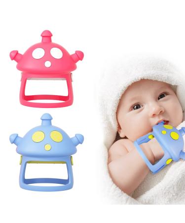 Baby Teething Toys 2Pack Silicone Baby Teether Toy for Infants 3+ Months Never Drop Silicone Baby Mitten Teether for Soothing Teething Pain Relief Baby Chew Toys for Sucking Needs (Blue+Pink)