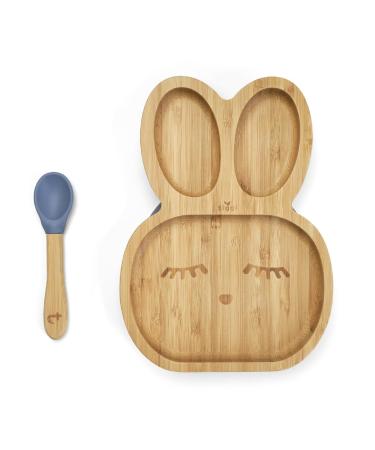 Tiggi Bamboo Baby Suction Plate - Complete Weaning Set Non-Slip Baby Plate Eco-Friendly Bamboo Plates for Babies and Toddlers (Rabbit Blue)