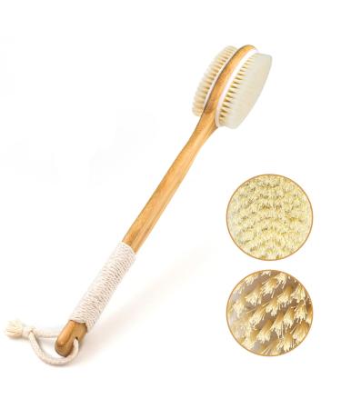Shower Brush  VIS'V Long Bamboo Handle Dual Sided Shower Back Brush with Soft and Stiff Bristles Men & Women Non Slip Bath Body Exfoliating Scrubber Brush for Wet or Dry Brushing with Sticky Hook